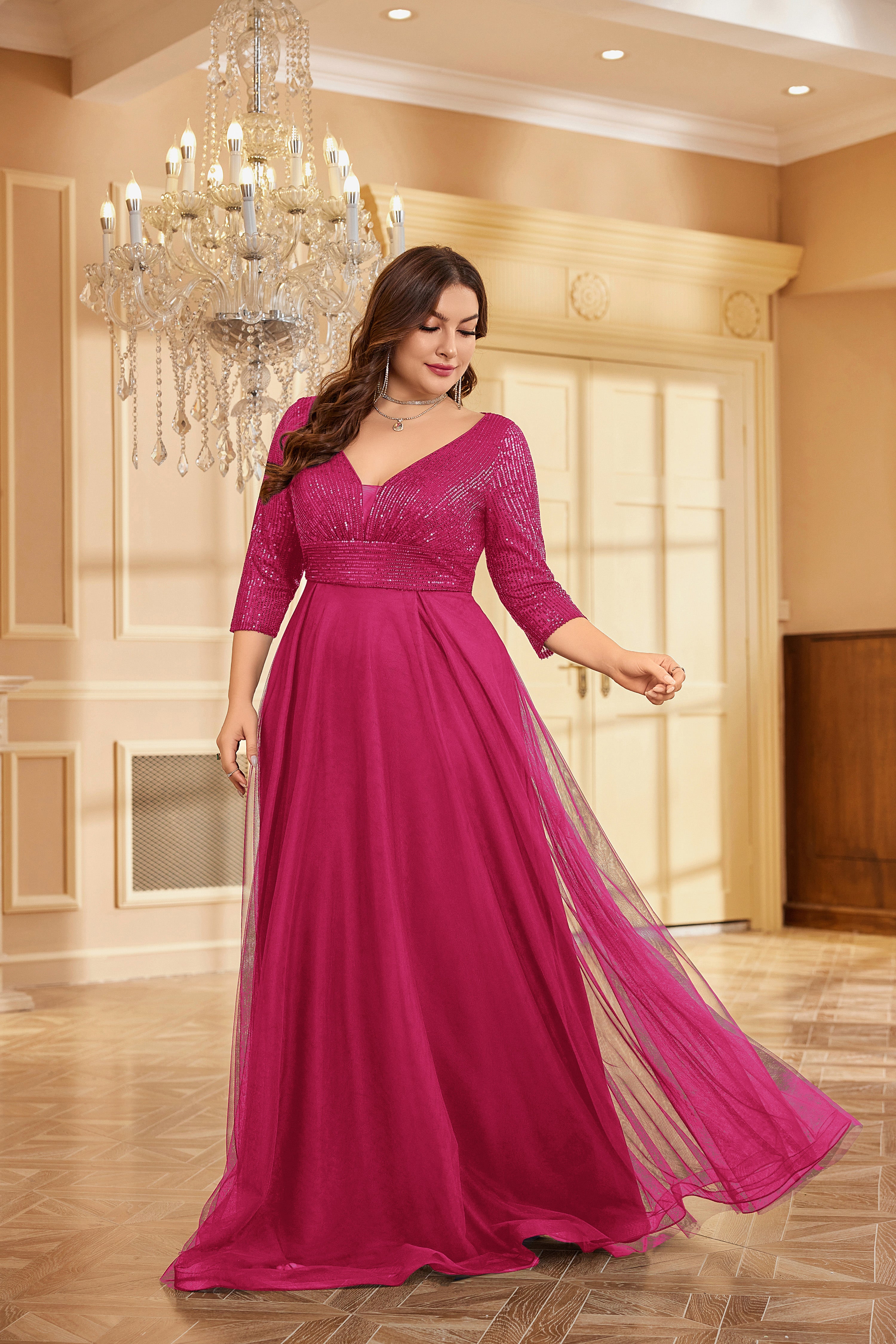 Plus Size Elegant VNeck Sequin Evening Dress | XUIBOL