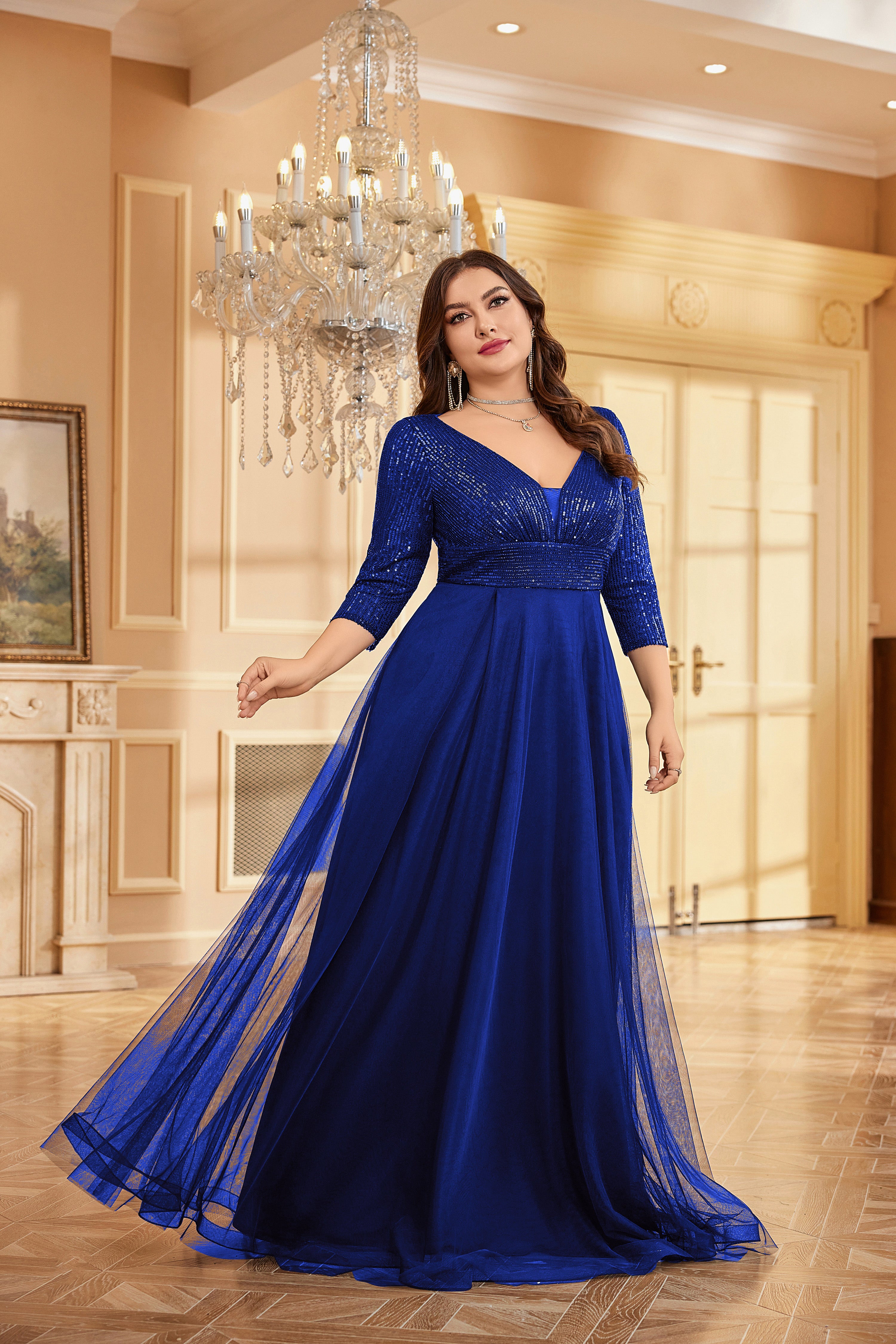Plus Size Elegant VNeck Sequin Evening Dress | XUIBOL