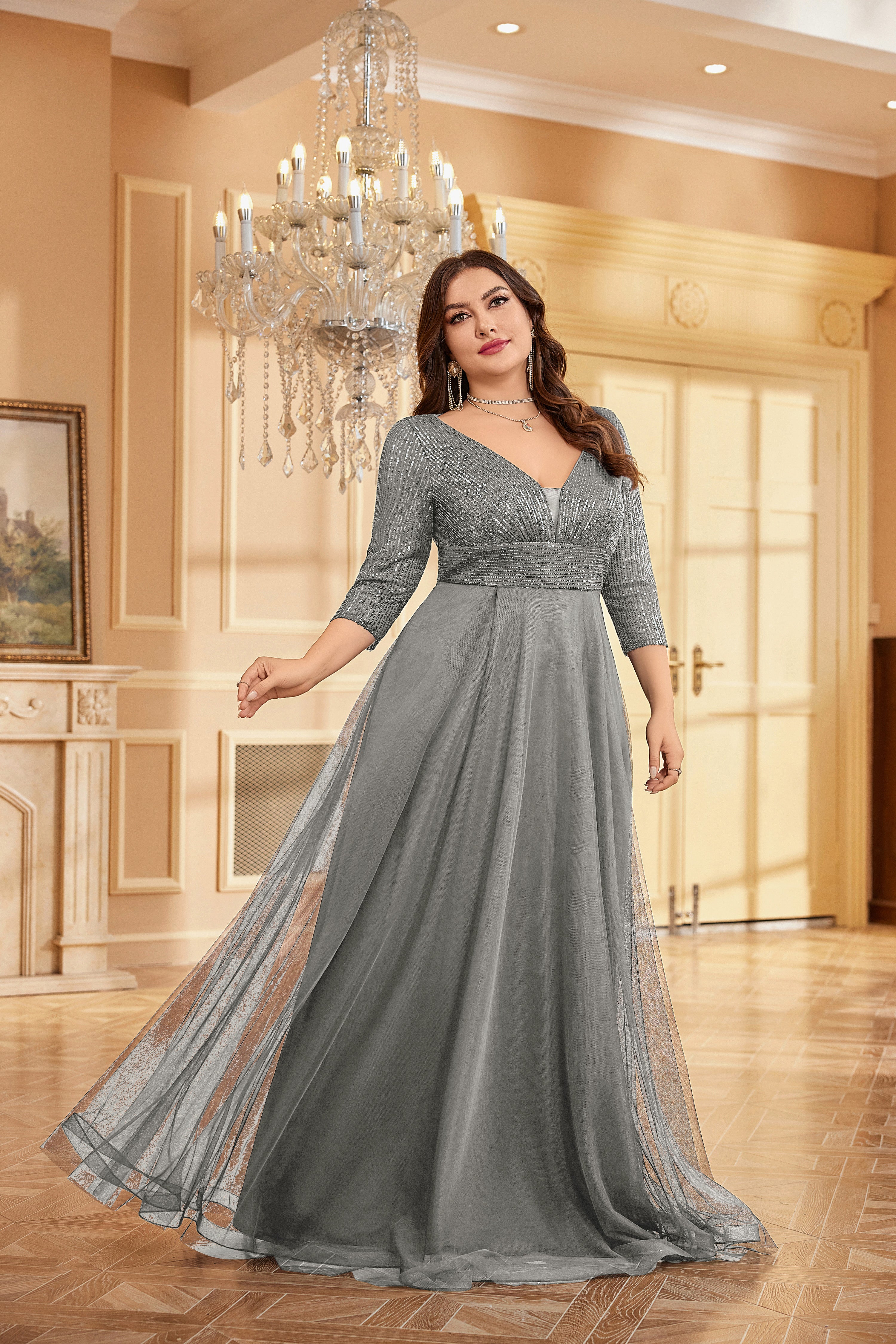 Plus Size Elegant VNeck Sequin Evening Dress | XUIBOL