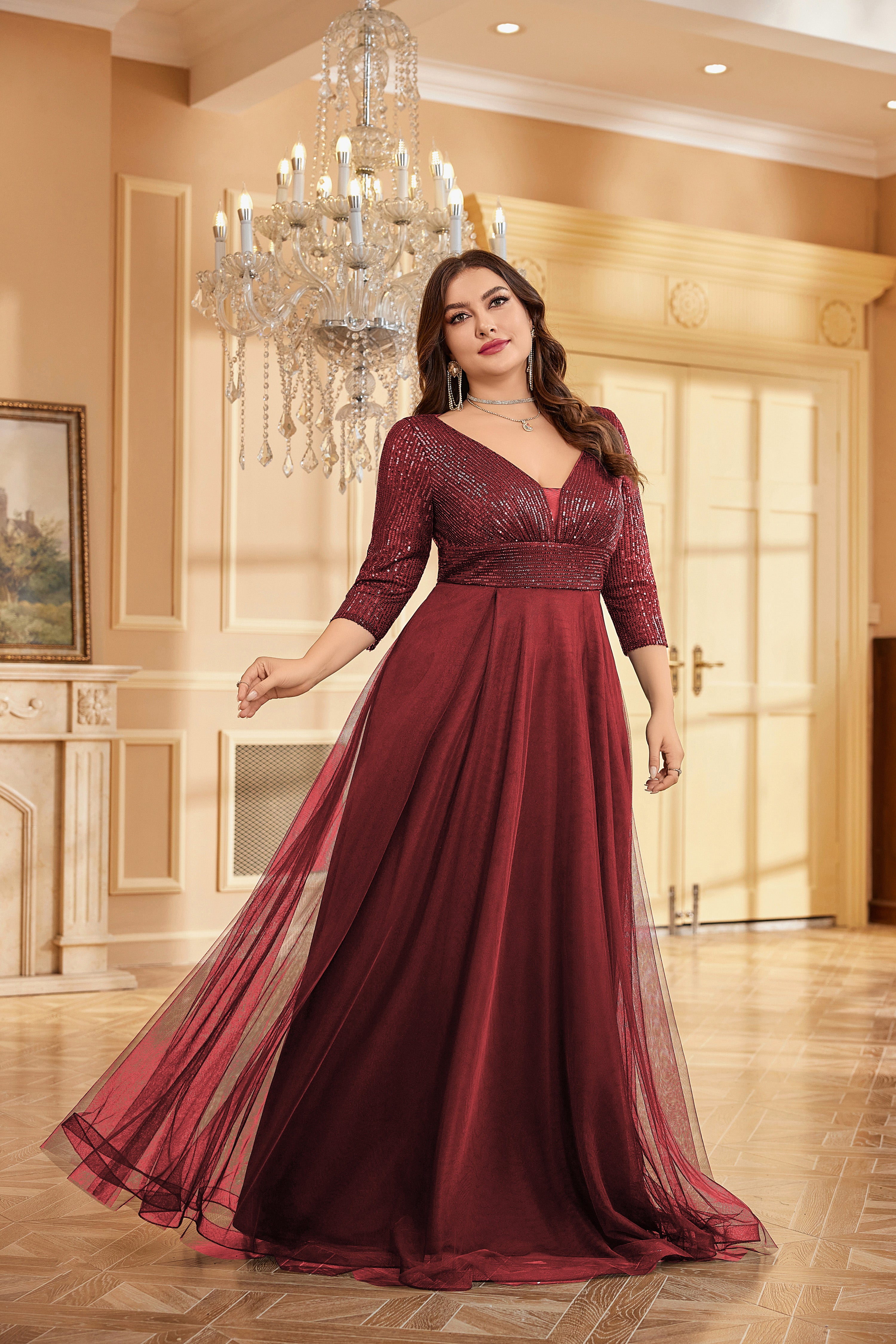 Plus Size Elegant VNeck Sequin Evening Dress | XUIBOL
