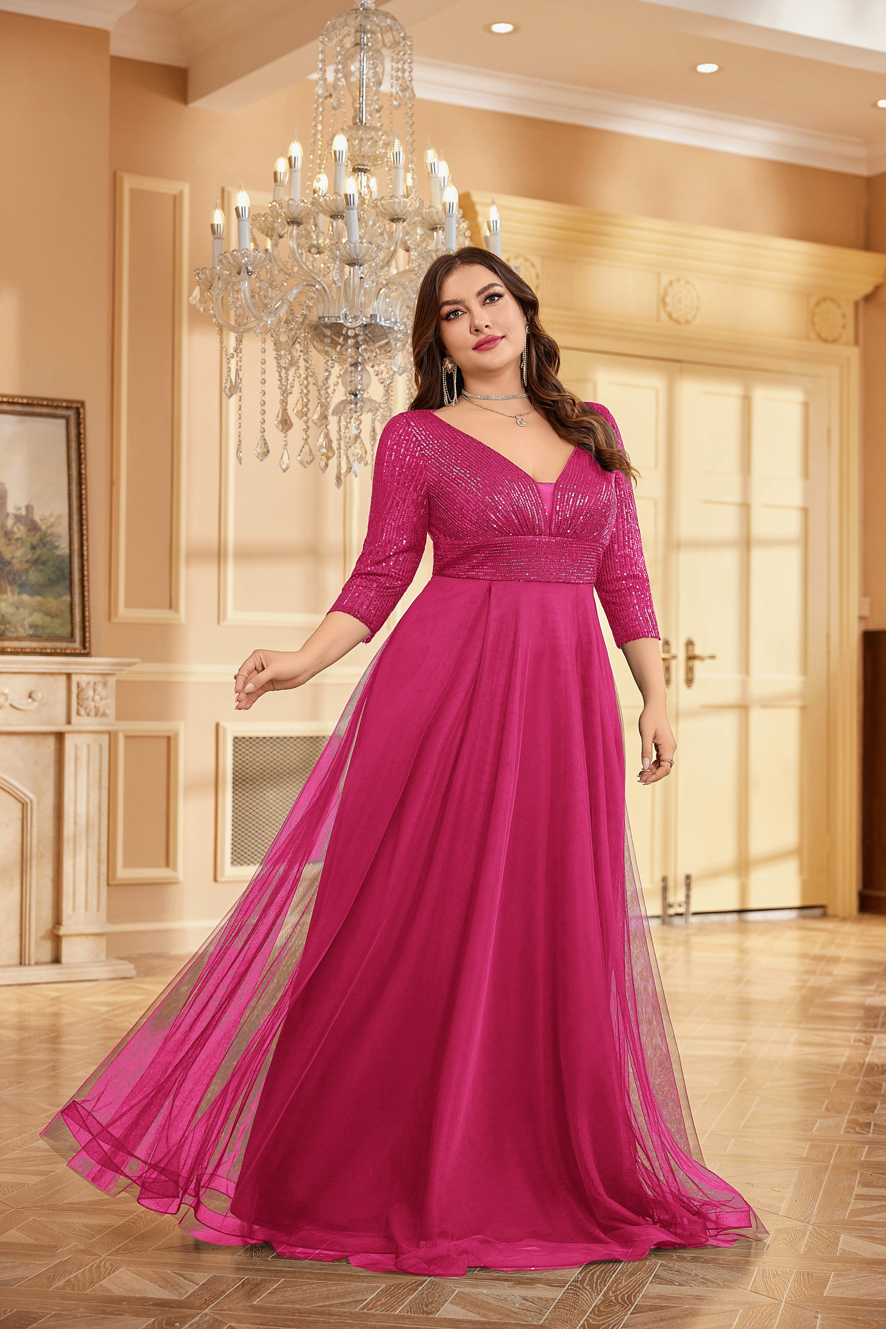 Plus Size Elegant VNeck Sequin Evening Dress | XUIBOL