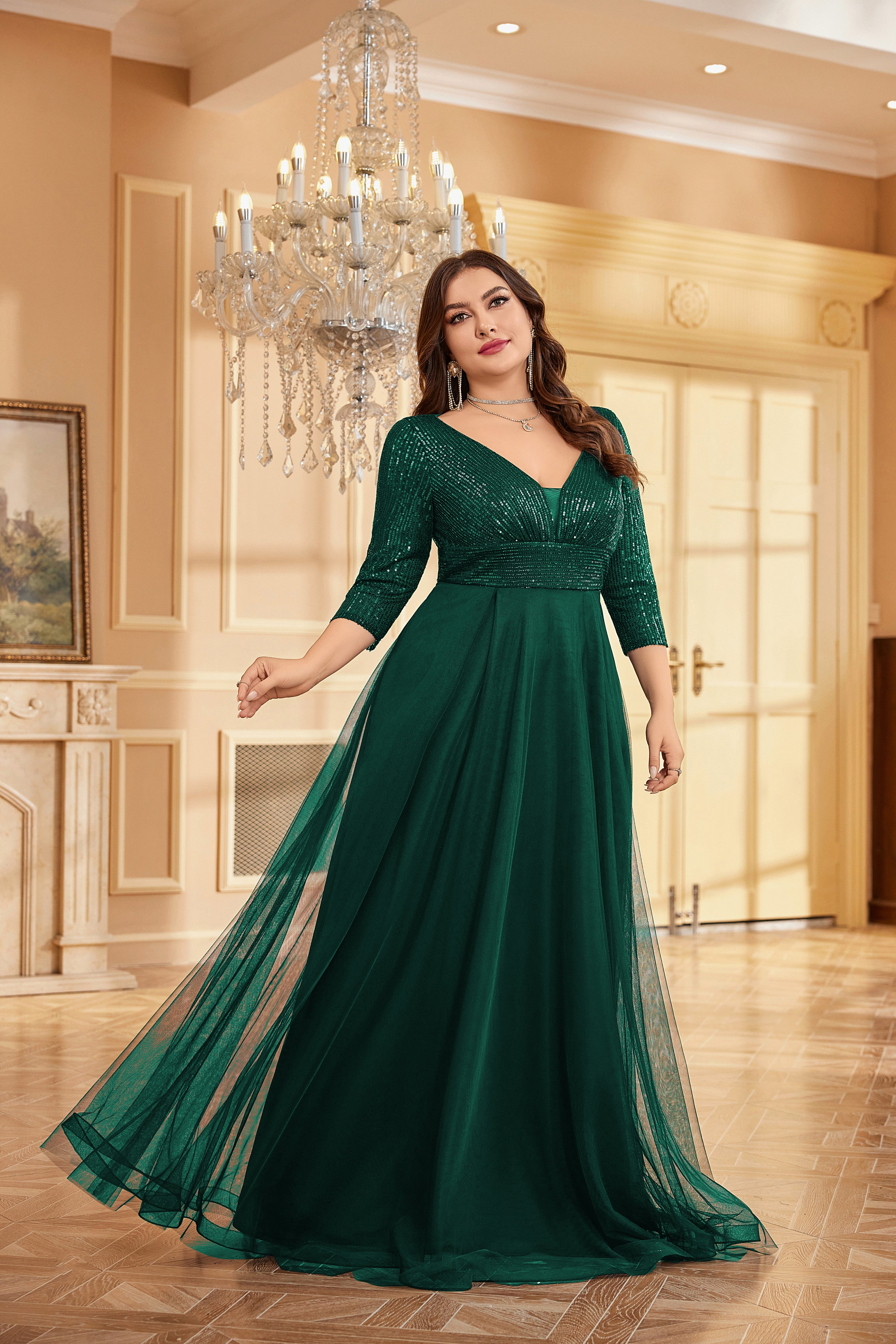 Plus Size Elegant VNeck Sequin Evening Dress | XUIBOL