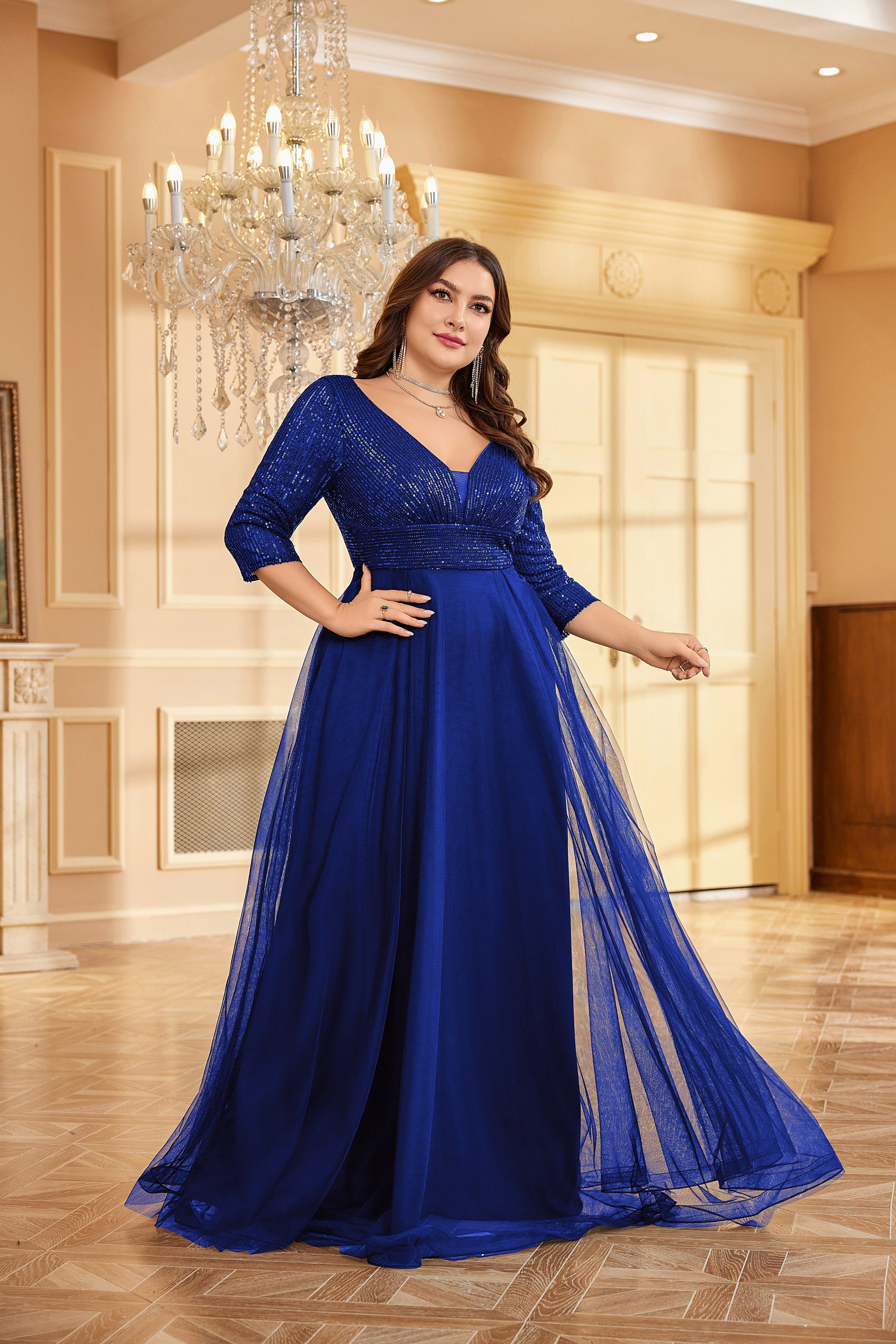 Plus Size Elegant VNeck Sequin Evening Dress | XUIBOL