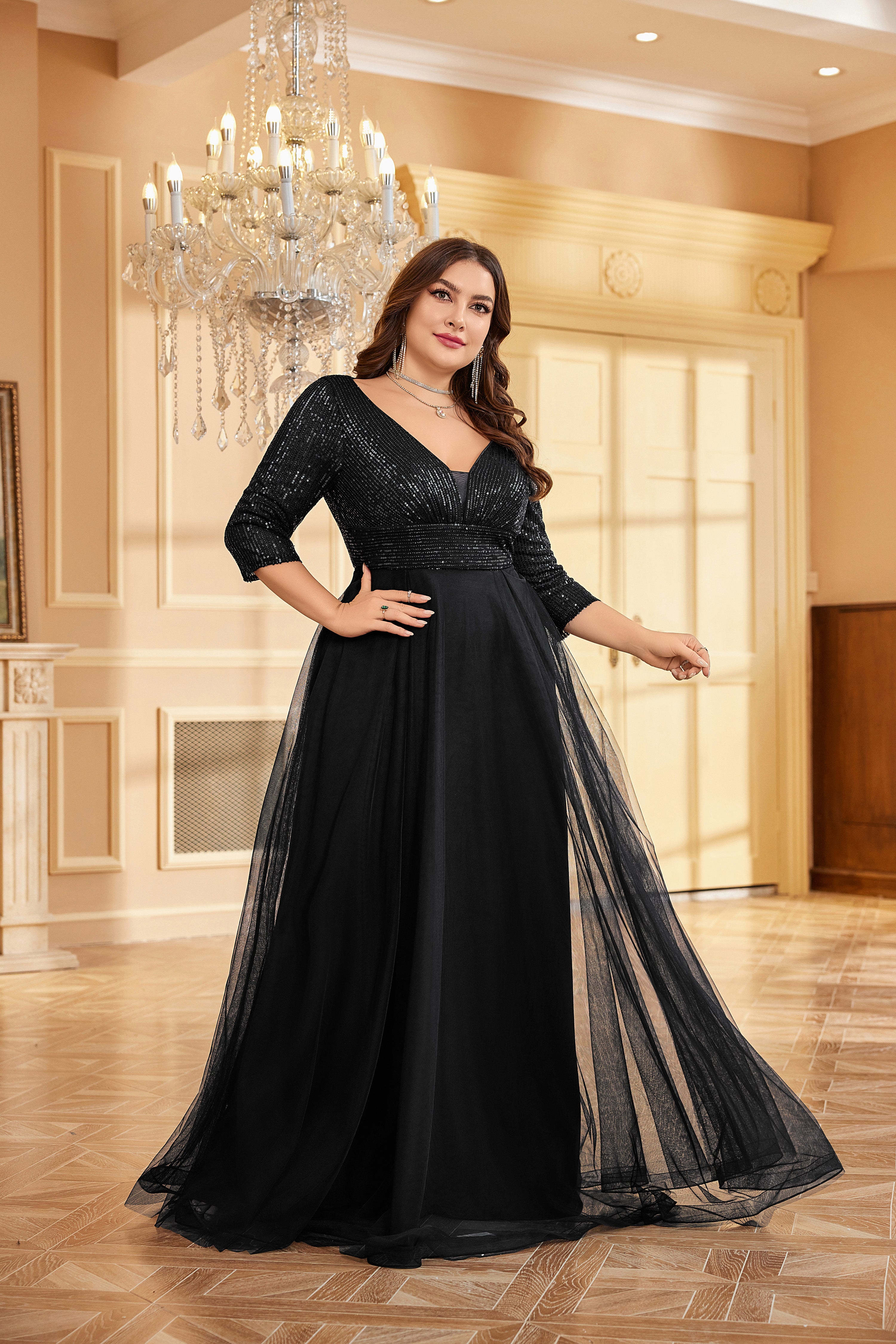 Plus Size Elegant VNeck Sequin Evening Dress | XUIBOL