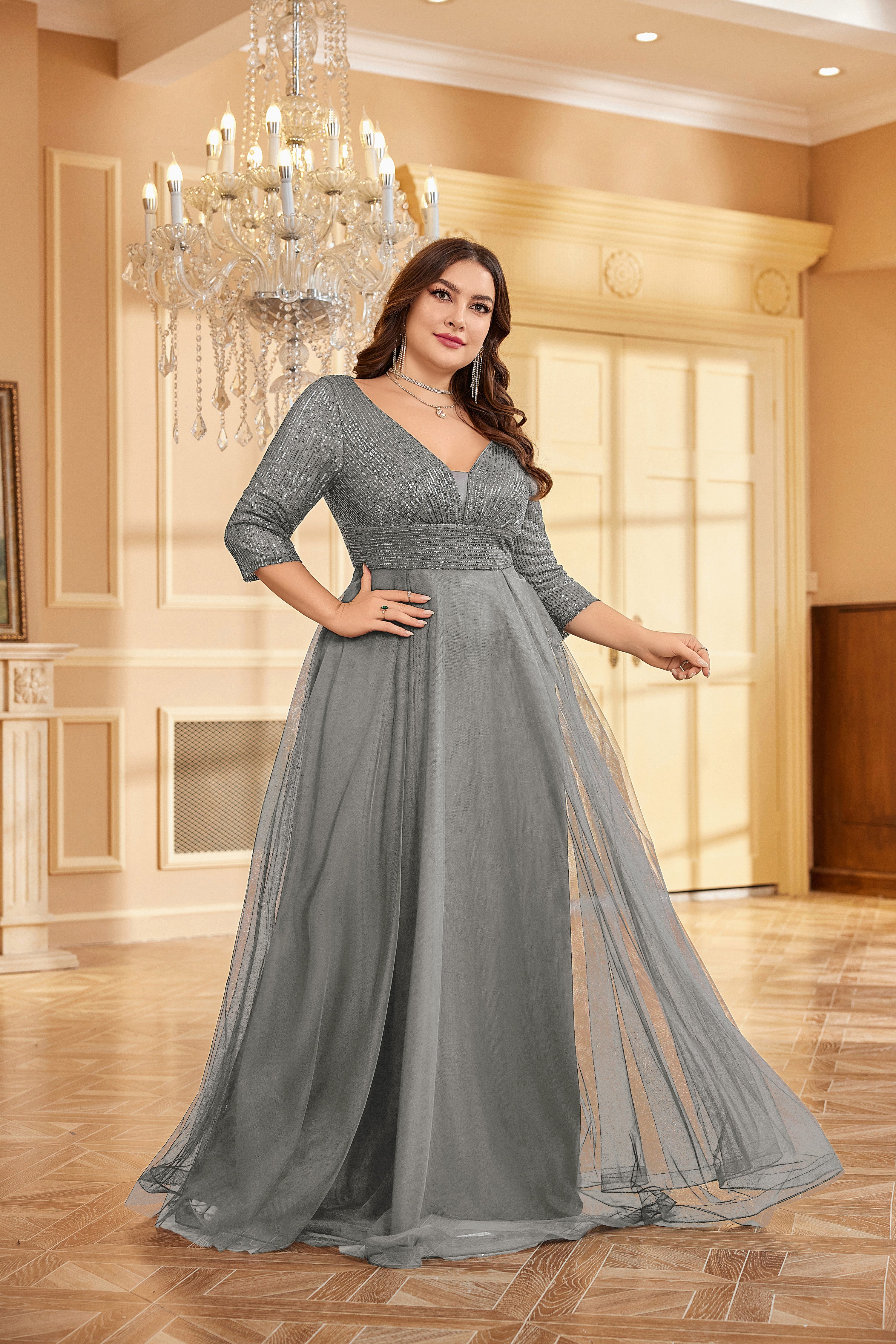 Plus Size Elegant VNeck Sequin Evening Dress | XUIBOL