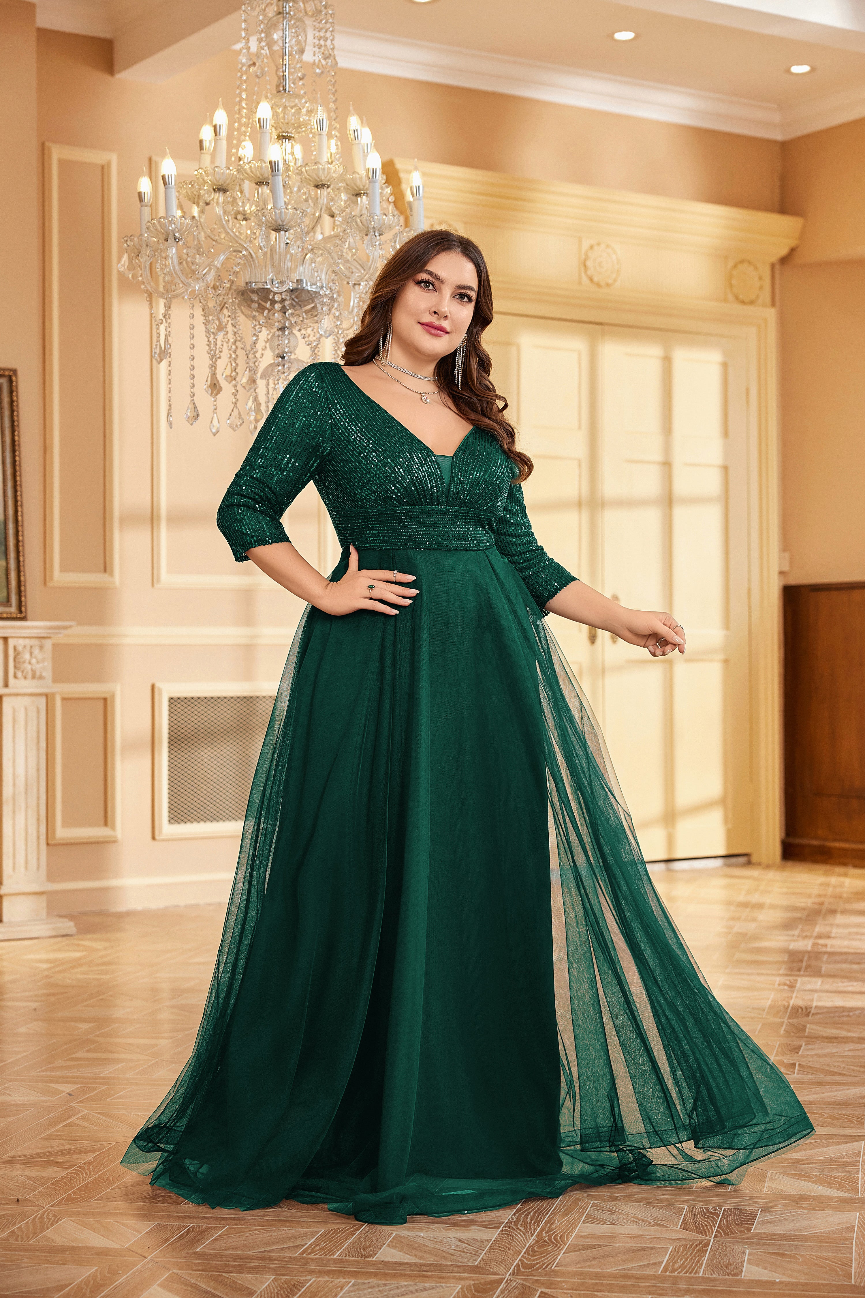 Plus Size Elegant VNeck Sequin Evening Dress | XUIBOL
