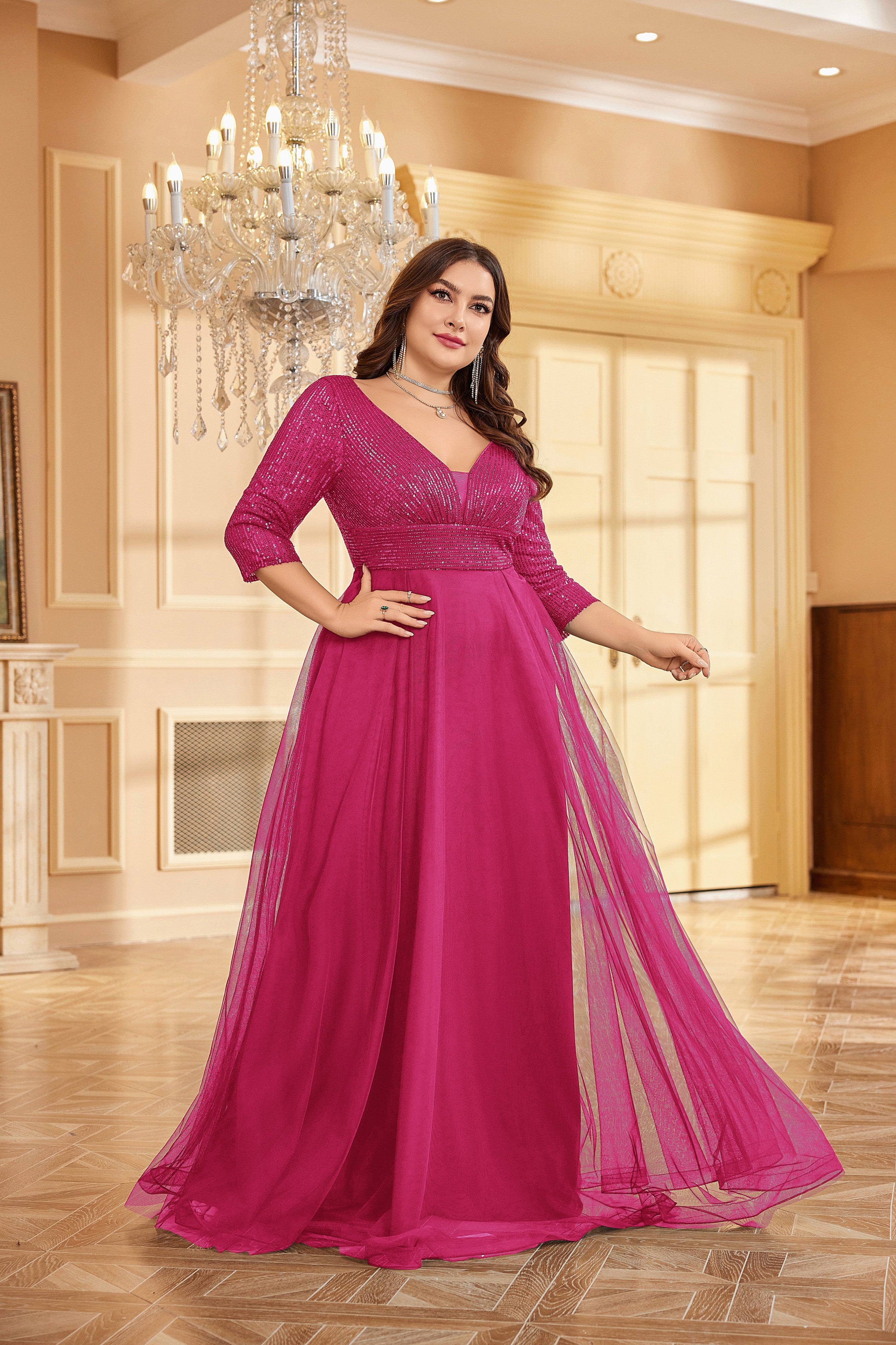 Plus Size Elegant VNeck Sequin Evening Dress | XUIBOL
