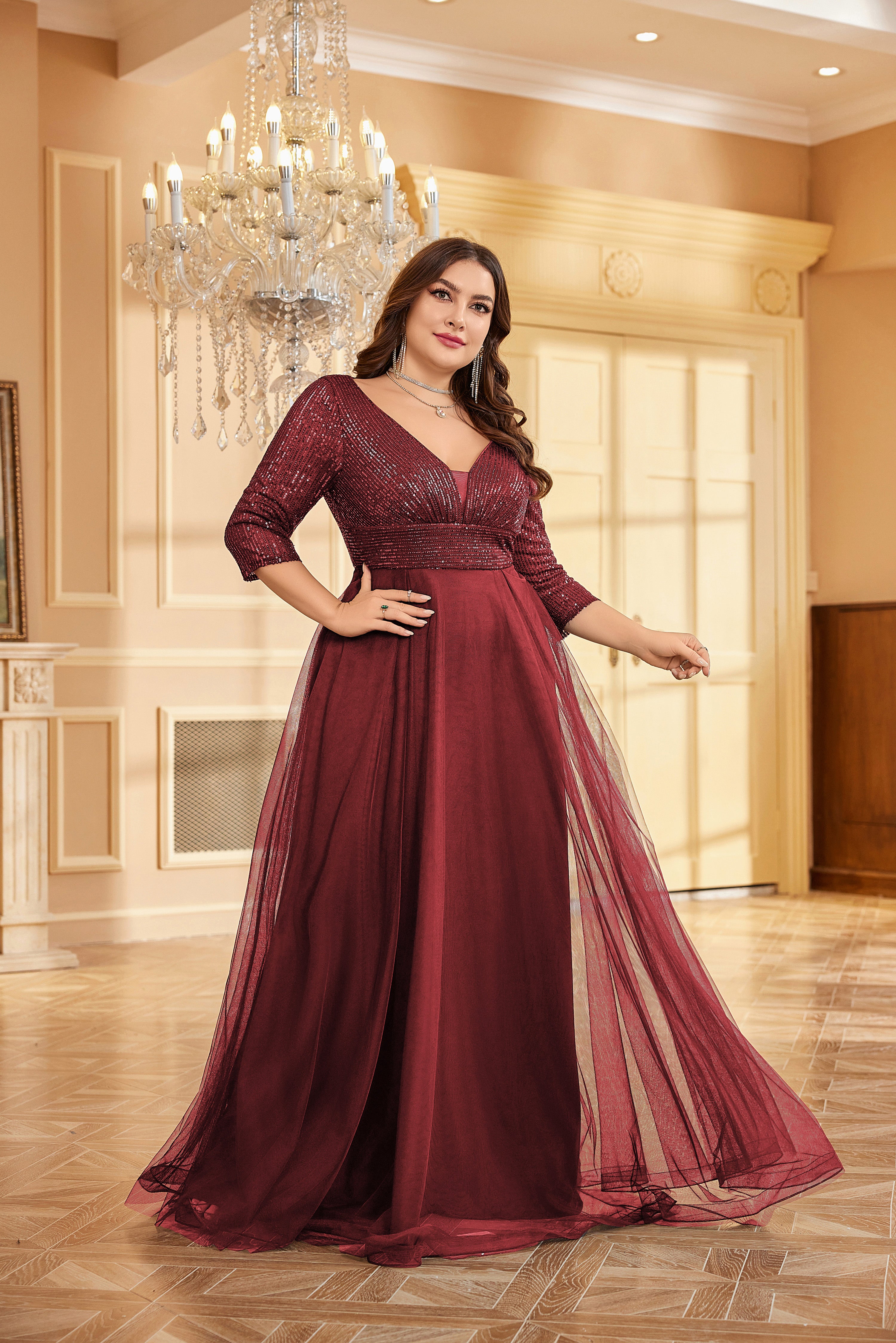 Plus Size Elegant VNeck Sequin Evening Dress | XUIBOL