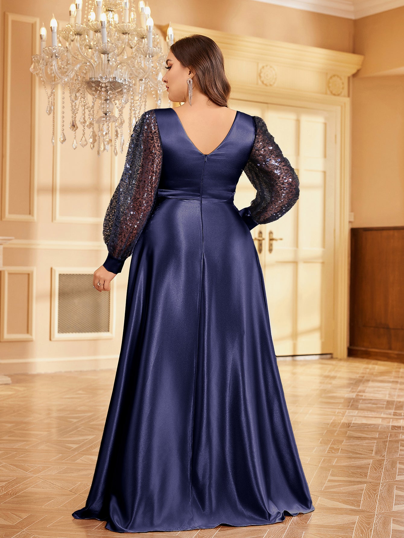 Plus Size Luxury Gold Sequin V-Neck Evening Dress | XUIBOL