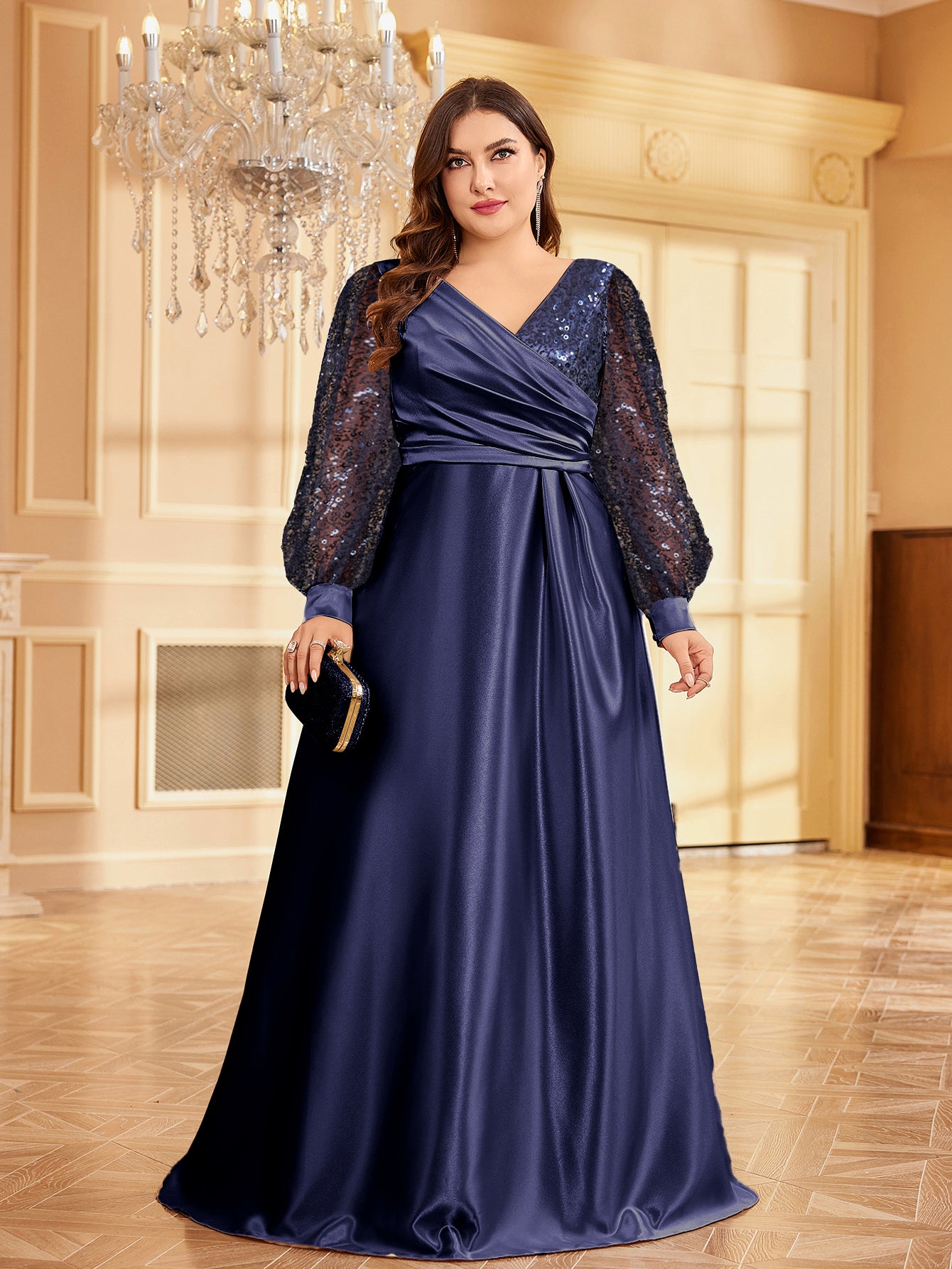 Plus Size Luxury Gold Sequin V-Neck Evening Dress | XUIBOL