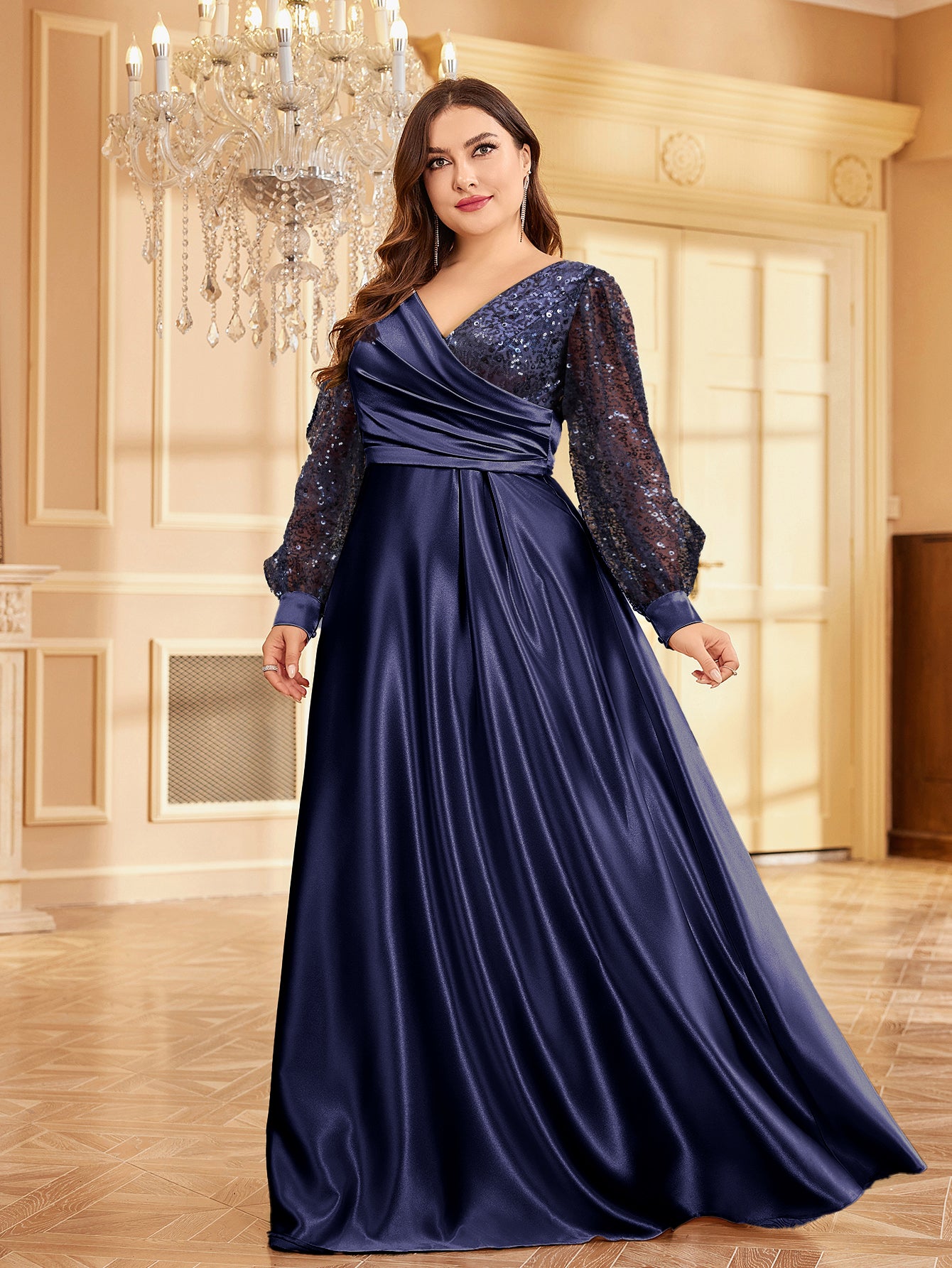 Plus Size Luxury Gold Sequin V-Neck Evening Dress | XUIBOL