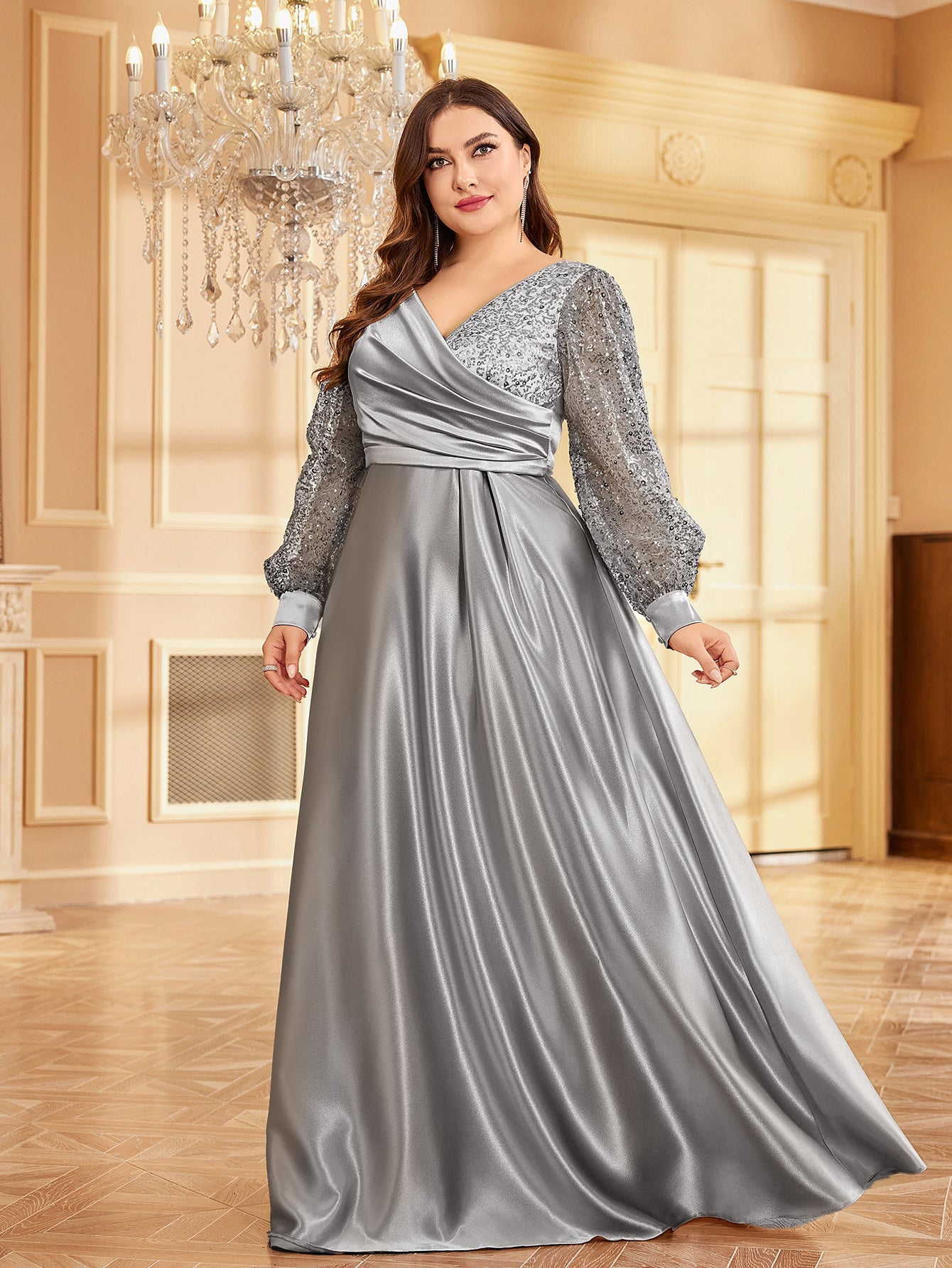 Plus Size Luxury Gold Sequin V-Neck Evening Dress | XUIBOL