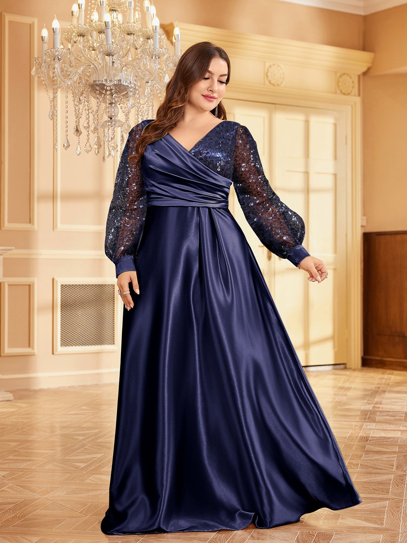 Plus Size Luxury Gold Sequin V-Neck Evening Dress | XUIBOL