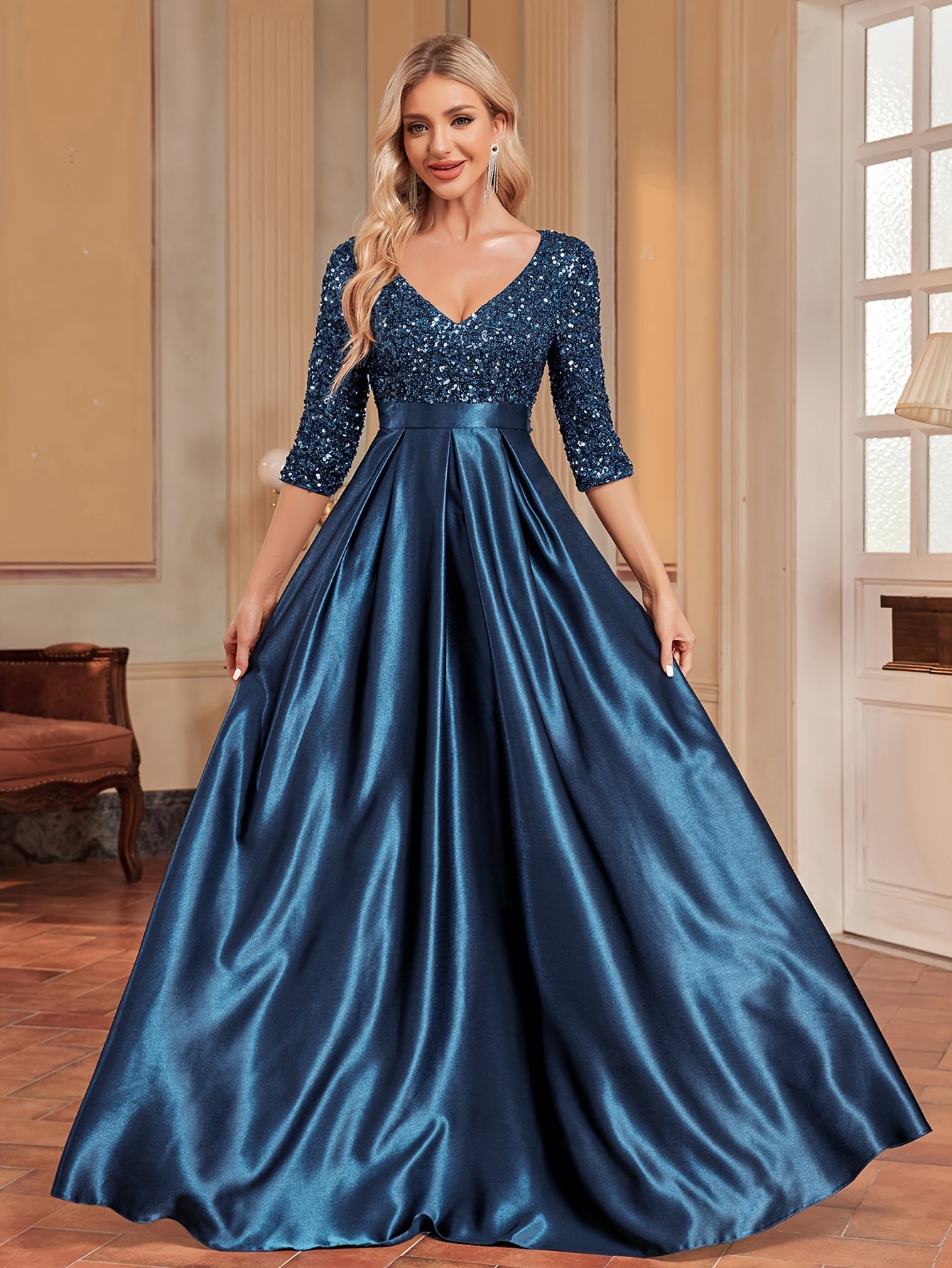 Sequined V-neck Splicing Dress | XUIBOL