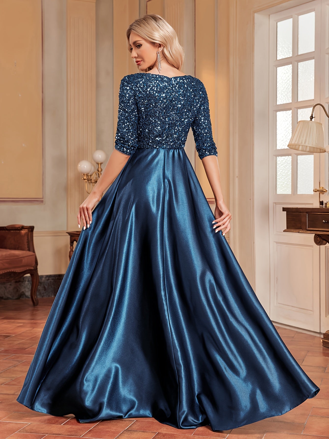 Sequined V-neck Splicing Dress | XUIBOL