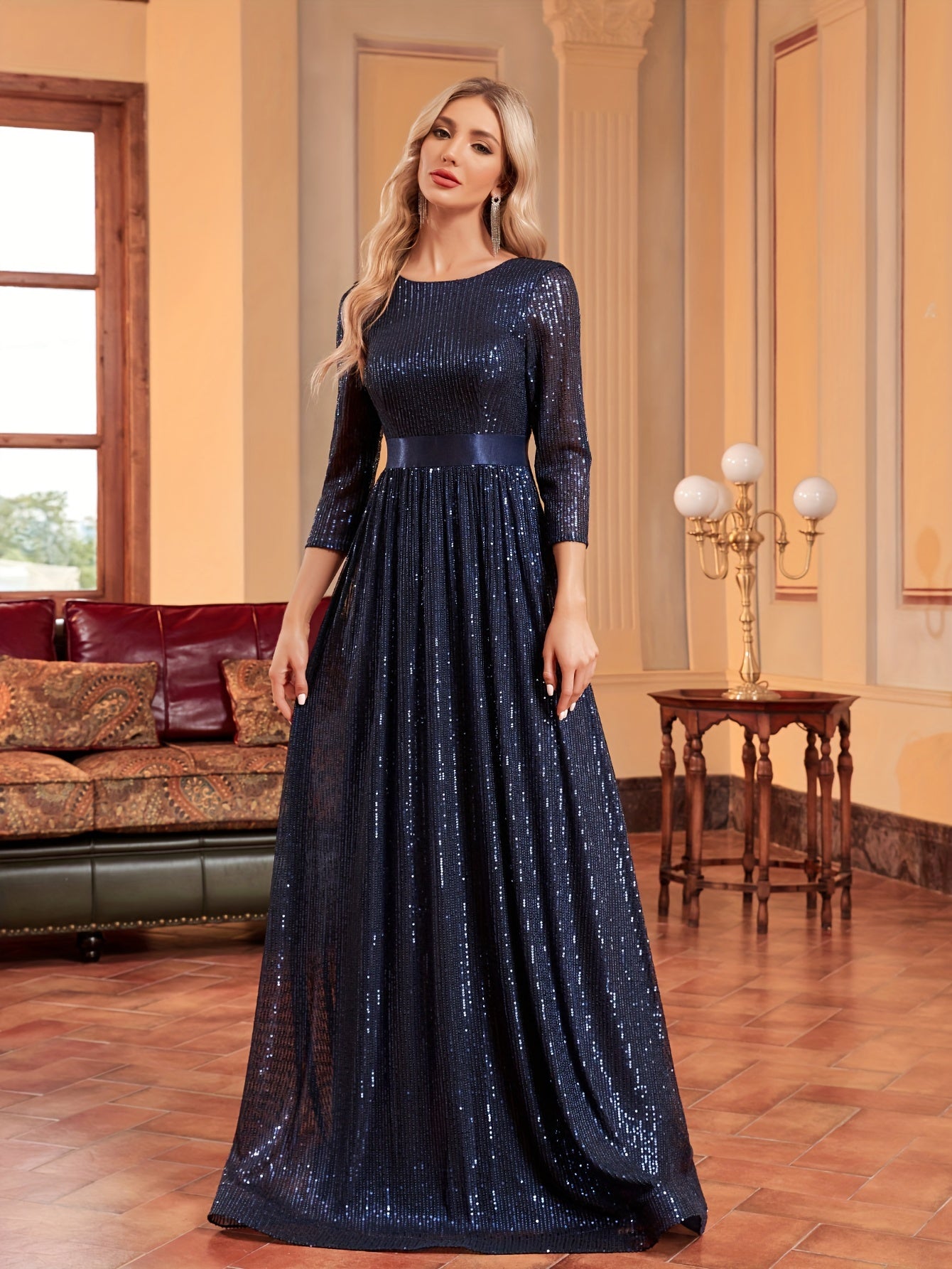 Three-quarter Sleeve Sequin Dress, Elegant Crew Neck Floor Length Dress | XUIBOL