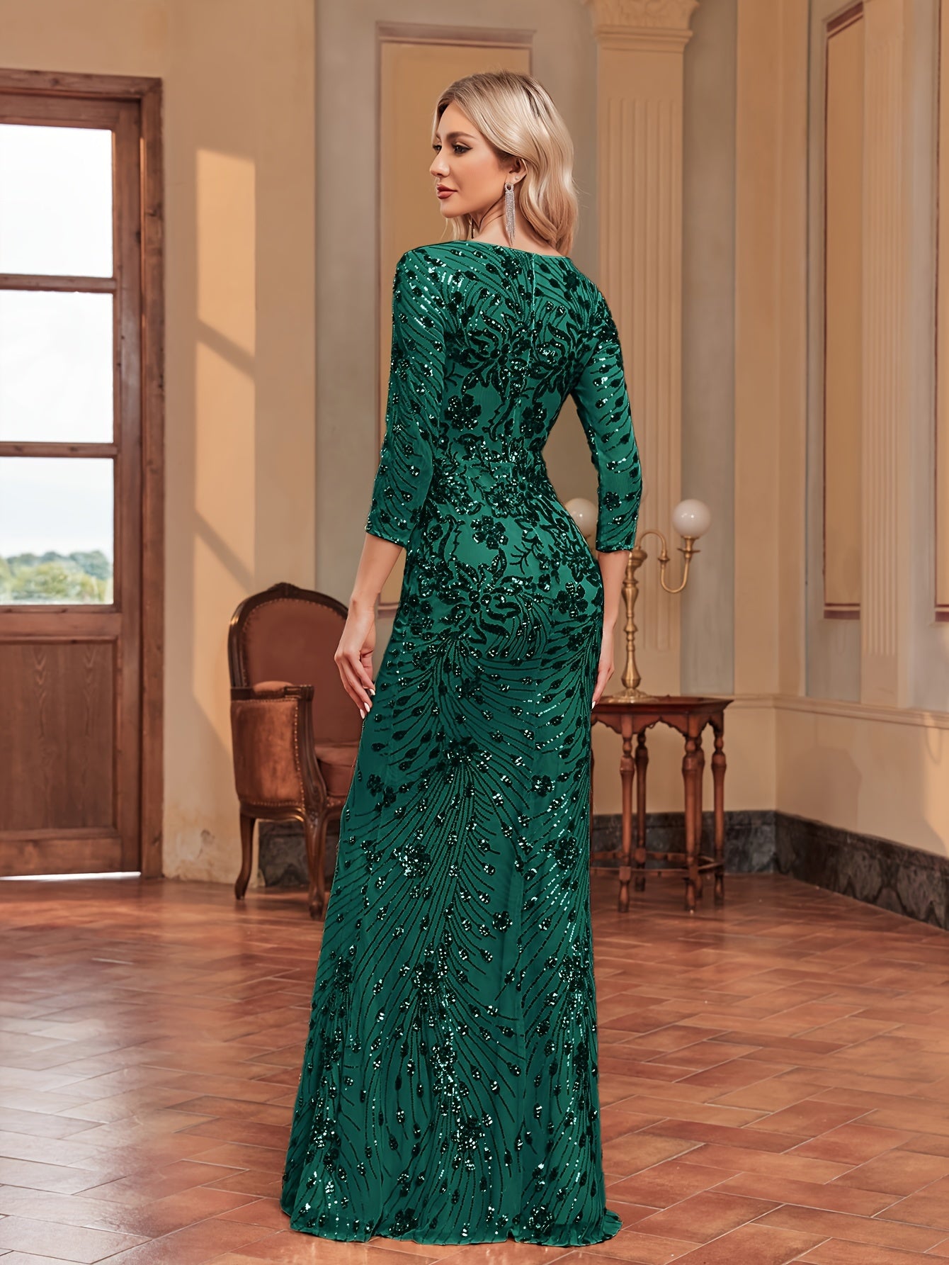 Sequin Decor Mermaid Bridesmaid Dress, Elegant Three-quarter Sleeve Slim Dress For Wedding Party | XUIBOL