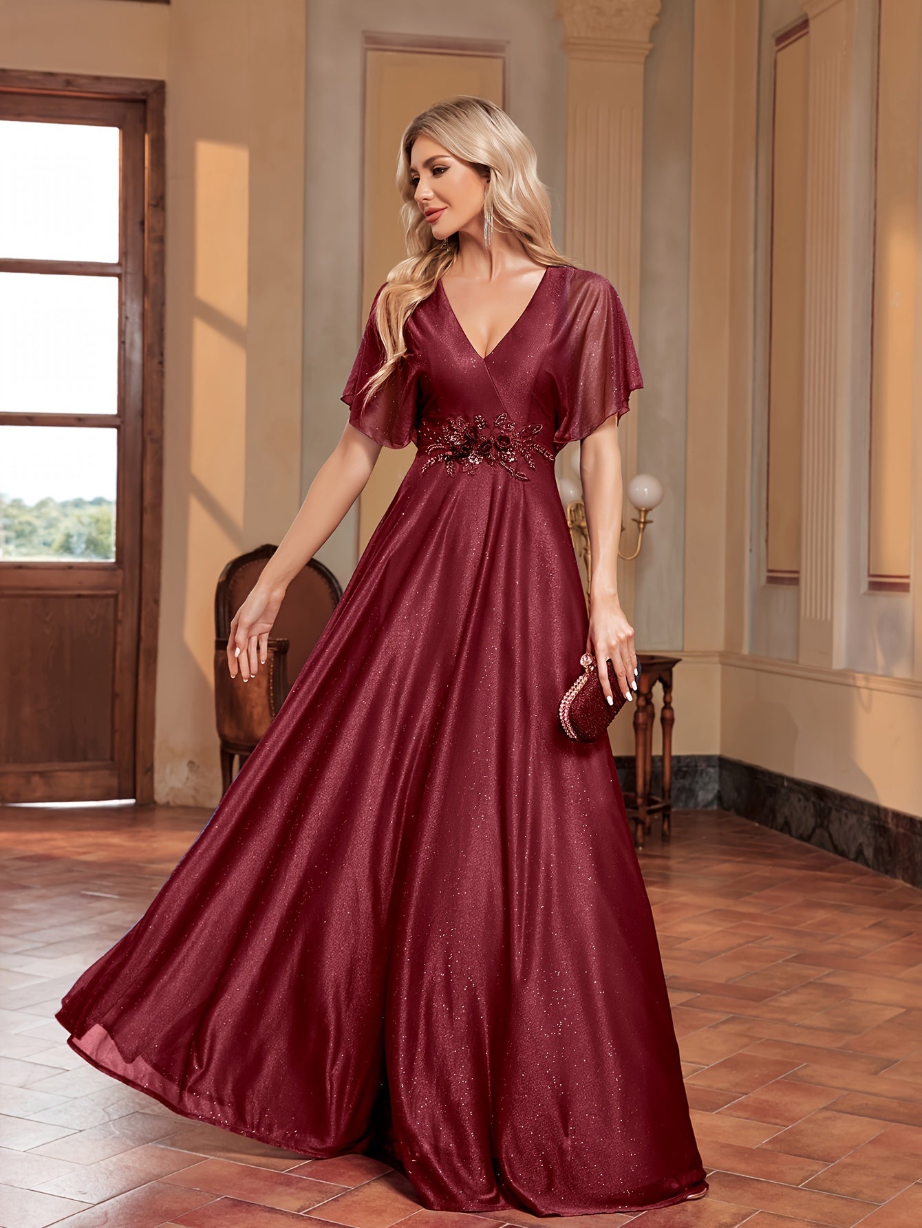 Flutter Sleeve Floral Decor Bridesmaid Dress | XUIBOL