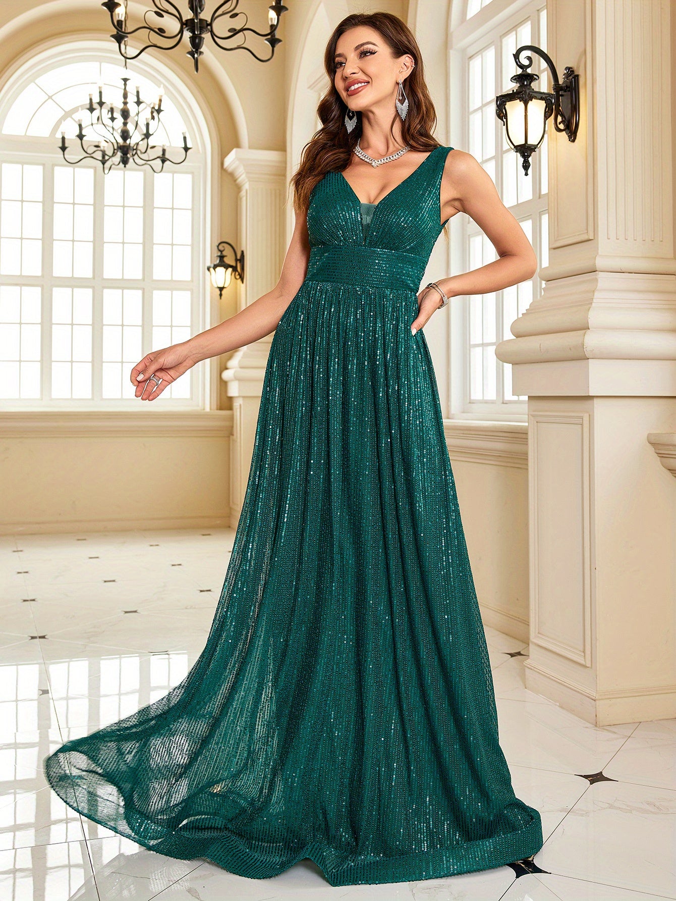 Sequin Pleated Sleeveless Bridesmaid Dress, Elegant V-neck Floor Length Dress For Wedding Party | XUIBOL