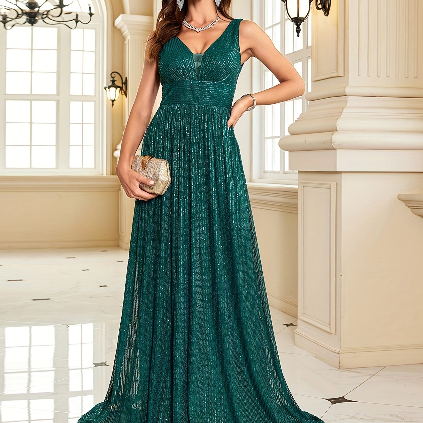 Sequin Pleated Sleeveless Bridesmaid Dress, Elegant V-neck Floor Length Dress For Wedding Party | XUIBOL