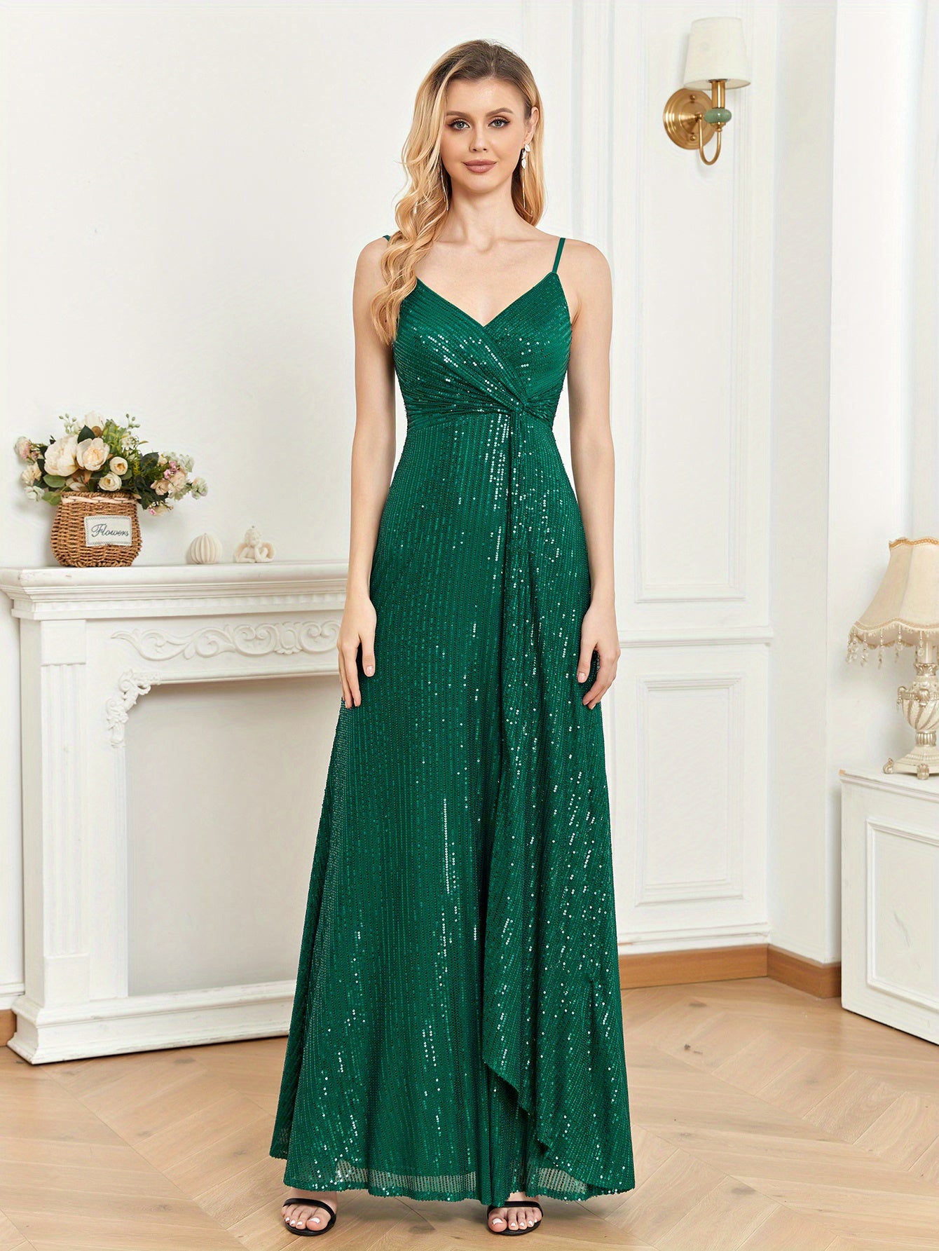 Sequined Bridesmaid Strap Dress, Elegant Surplice Neck Twist Front Dress For Wedding Party | XUIBOL