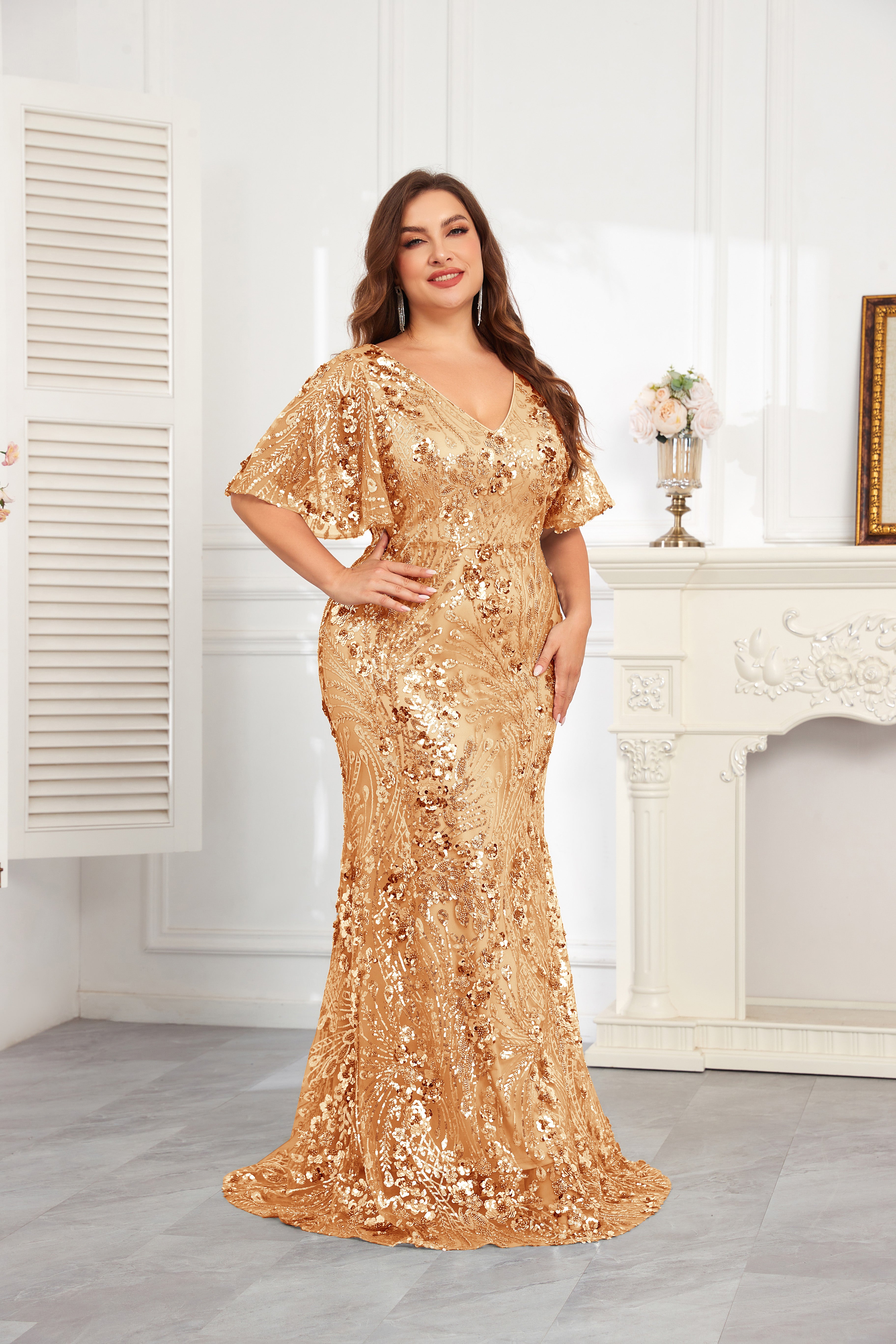 XUIBOL | Plus Size High-Quality Elastic Sequin Beaded Fitted V-Neck Short Sleeve Elegant Formal Gown, Stunning For Party, Wedding, Mother Of The Bride Dresses (Heavily Embellished), Semi Formal Prom Dress, For Birthday, Wedding Guest