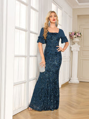 Teal Blue Square Neck Ruffle Half Sleeve Mermaid Evening Gown