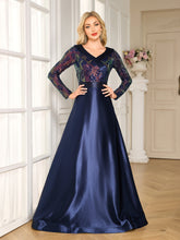 Navy Colorful Sequin Lapel V Neck Long Sleeve A-Line Floor Evening Gown
