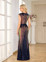 Navy Rainbow Gradient Sequin Cap Sleeve Mermaid Gown