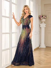 Navy Rainbow Gradient Sequin Cap Sleeve Mermaid Gown
