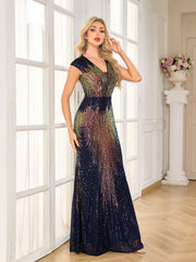 Navy Rainbow Gradient Sequin Cap Sleeve Mermaid Gown
