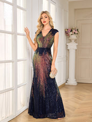 Navy Rainbow Gradient Sequin Cap Sleeve Mermaid Gown
