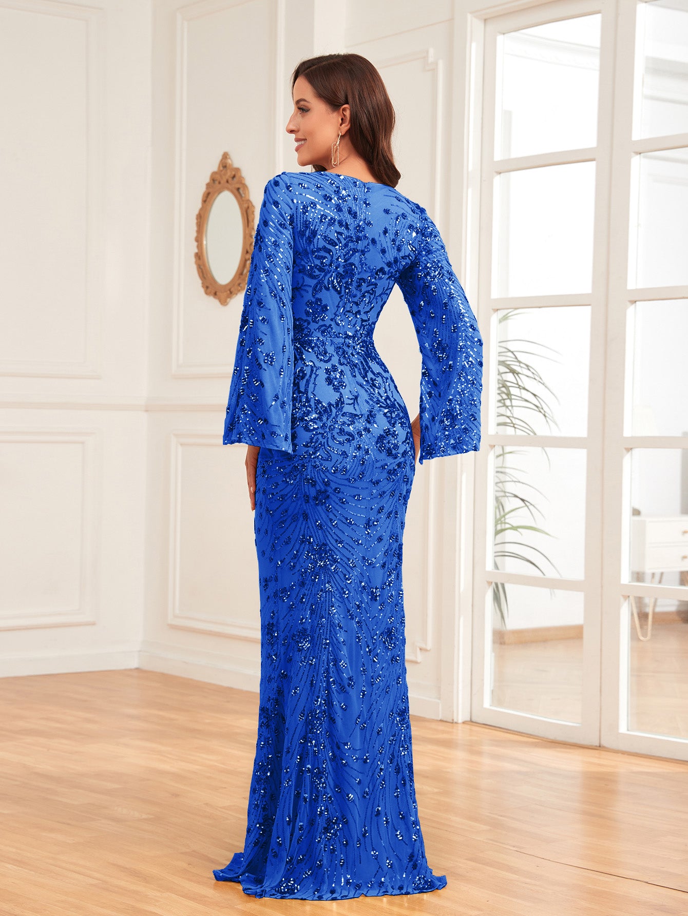 XUIBOL | Split Sleeve Sequin Prom Dress Elegant Long Sleeve Formal Evening Wedding Guest Gown, For Graduation, Dinner