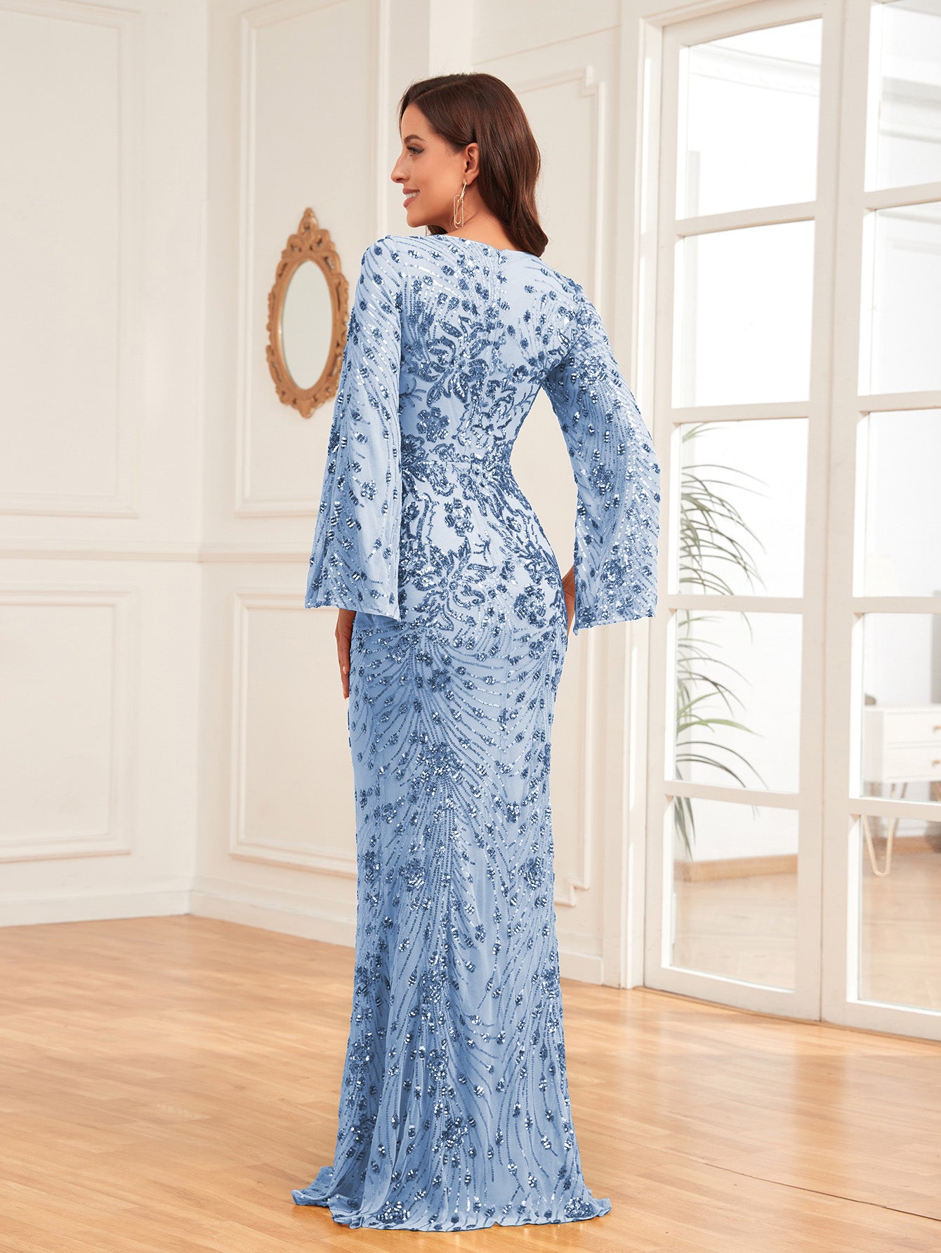 XUIBOL | Split Sleeve Sequin Prom Dress Elegant Long Sleeve Formal Evening Wedding Guest Gown, For Graduation, Dinner