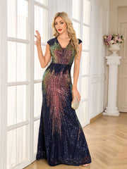 Navy Rainbow Gradient Sequin Cap Sleeve Mermaid Gown
