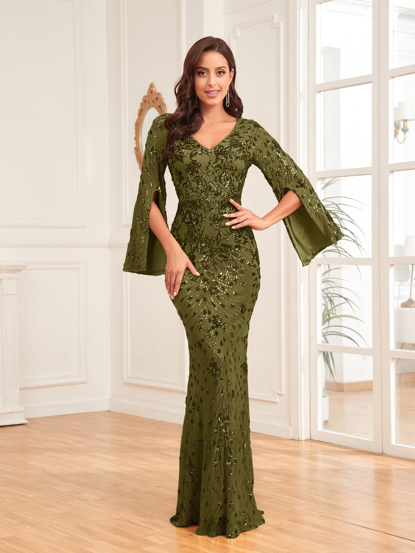 XUIBOL | Split Sleeve Sequin Prom Dress Elegant Long Sleeve Formal Evening Wedding Guest Gown, For Graduation, Dinner
