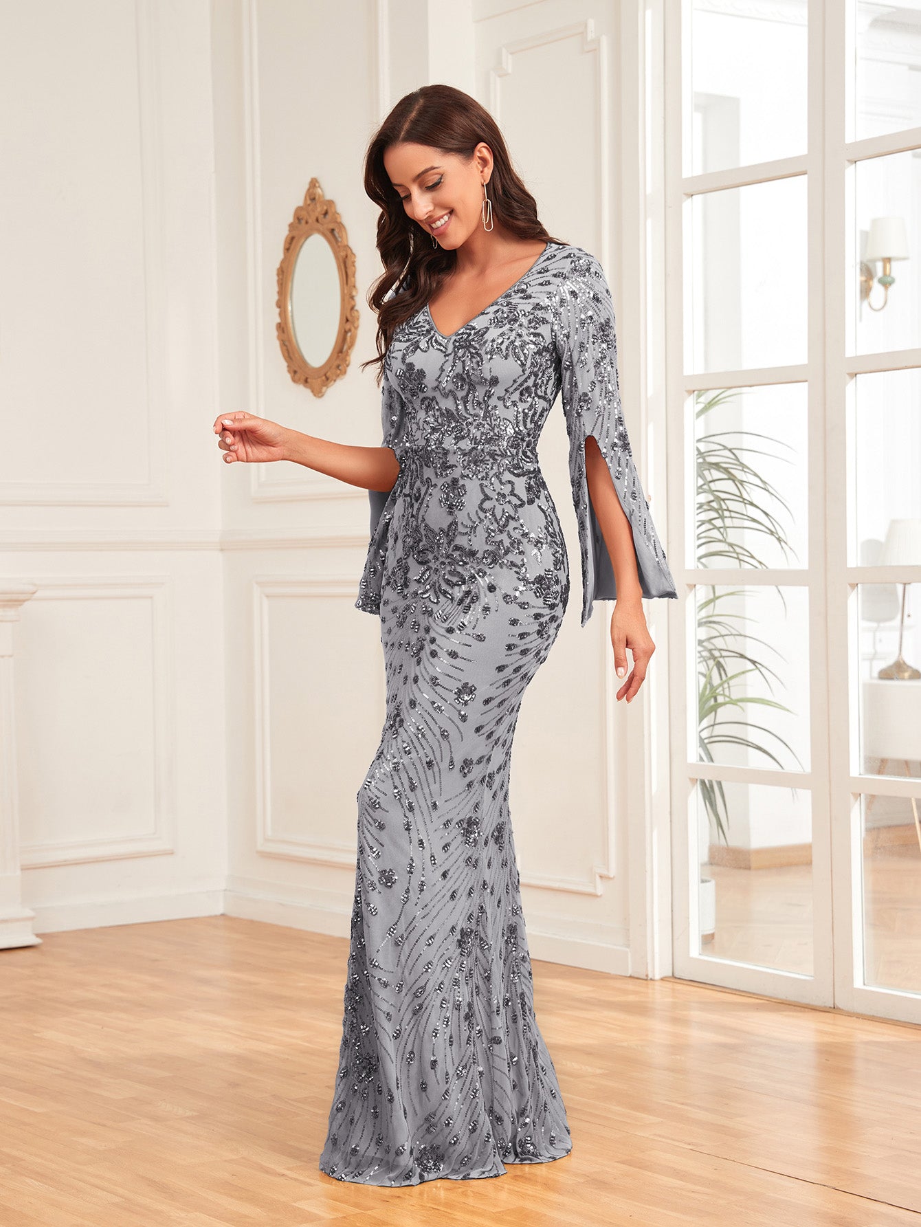 XUIBOL | Split Sleeve Sequin Prom Dress Elegant Long Sleeve Formal Evening Wedding Guest Gown, For Graduation, Dinner