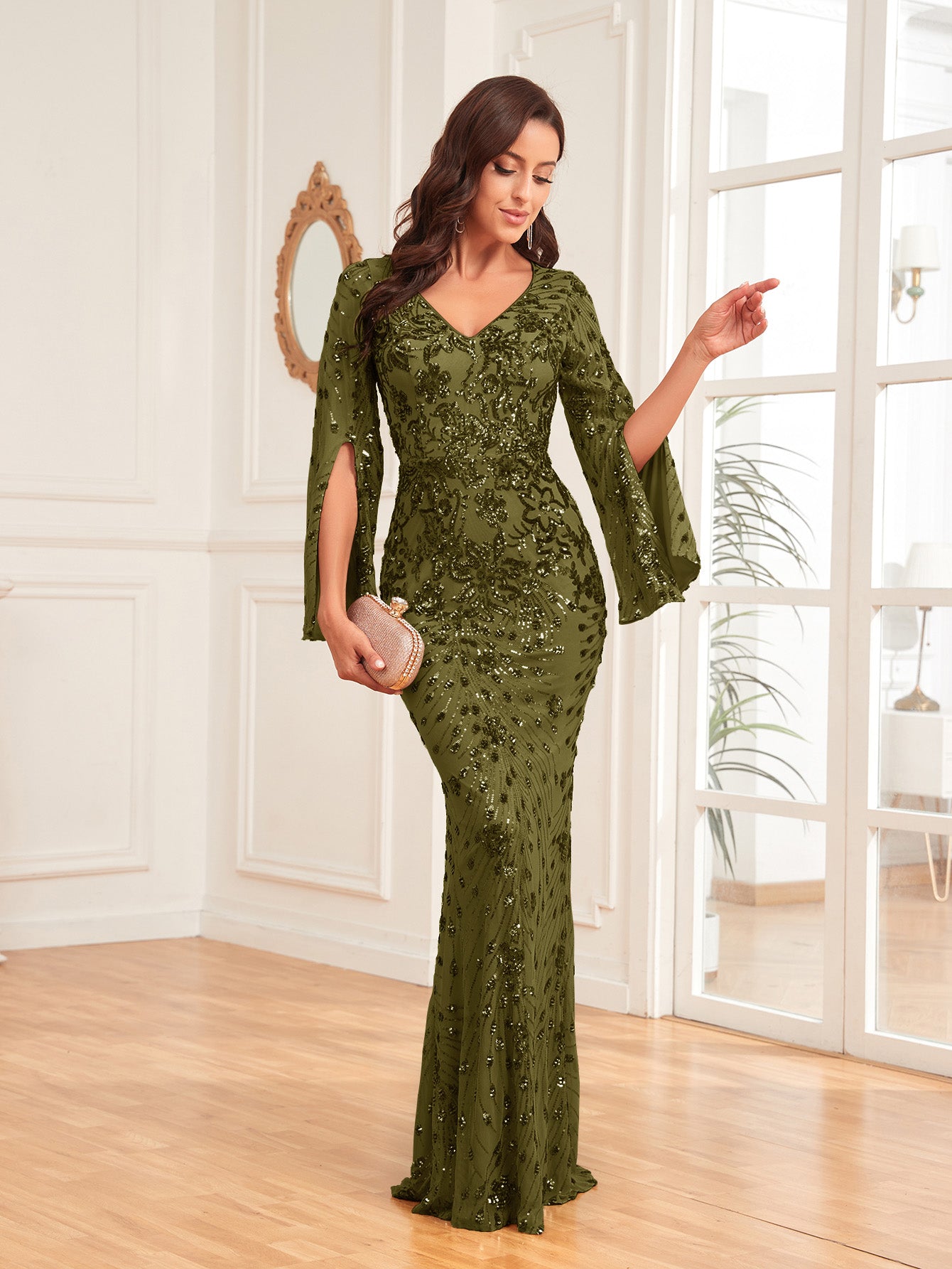 XUIBOL | Split Sleeve Sequin Prom Dress Elegant Long Sleeve Formal Evening Wedding Guest Gown, For Graduation, Dinner