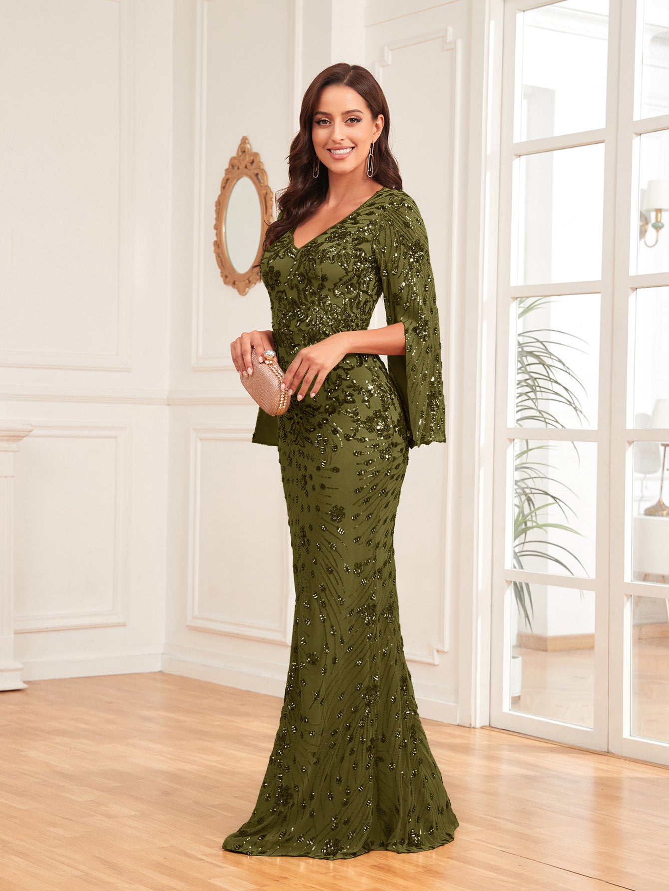 XUIBOL | Split Sleeve Sequin Prom Dress Elegant Long Sleeve Formal Evening Wedding Guest Gown, For Graduation, Dinner