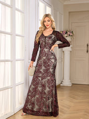 Burgundy Floral Sequin Long Sleeve Mermaid Evening Gown