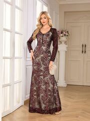 Burgundy Floral Sequin Long Sleeve Mermaid Evening Gown