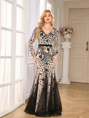 Nude Black Floral Sequin V‑Neck Mermaid Gown
