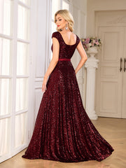 Burgundy Sequin Square Neck Cap Sleeve A Line Evening Gown