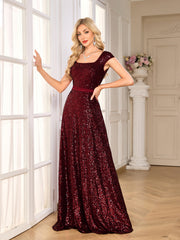 Burgundy Sequin Square Neck Cap Sleeve A Line Evening Gown