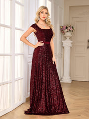 Burgundy Sequin Square Neck Cap Sleeve A Line Evening Gown