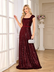 Burgundy Sequin Square Neck Cap Sleeve A Line Evening Gown