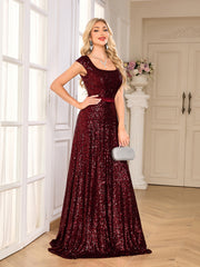 Burgundy Sequin Square Neck Cap Sleeve A Line Evening Gown