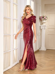 Burgundy Sequin Deep V Puff Cap Sleeve High Slit Mermaid Gown