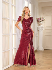Burgundy Sequin Deep V Puff Cap Sleeve High Slit Mermaid Gown