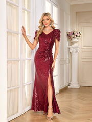 Burgundy Sequin Deep V Puff Cap Sleeve High Slit Mermaid Gown